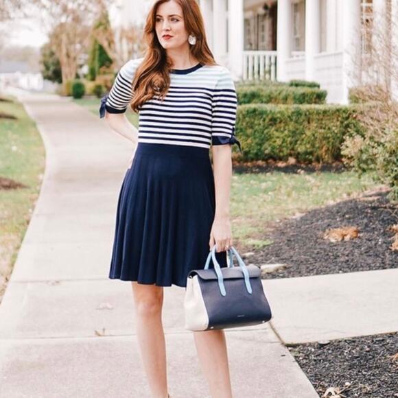 Draper James Sailer stripe Knit Pleated Dress Blue Shortsleeve A-line - Picture 3 of 12